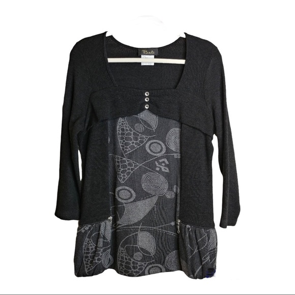 Bali Sweaters - 3/$20 Bali Pullover Black Gray Sweater Size L Peplum Zipper Pockets 3/4 Sleeves